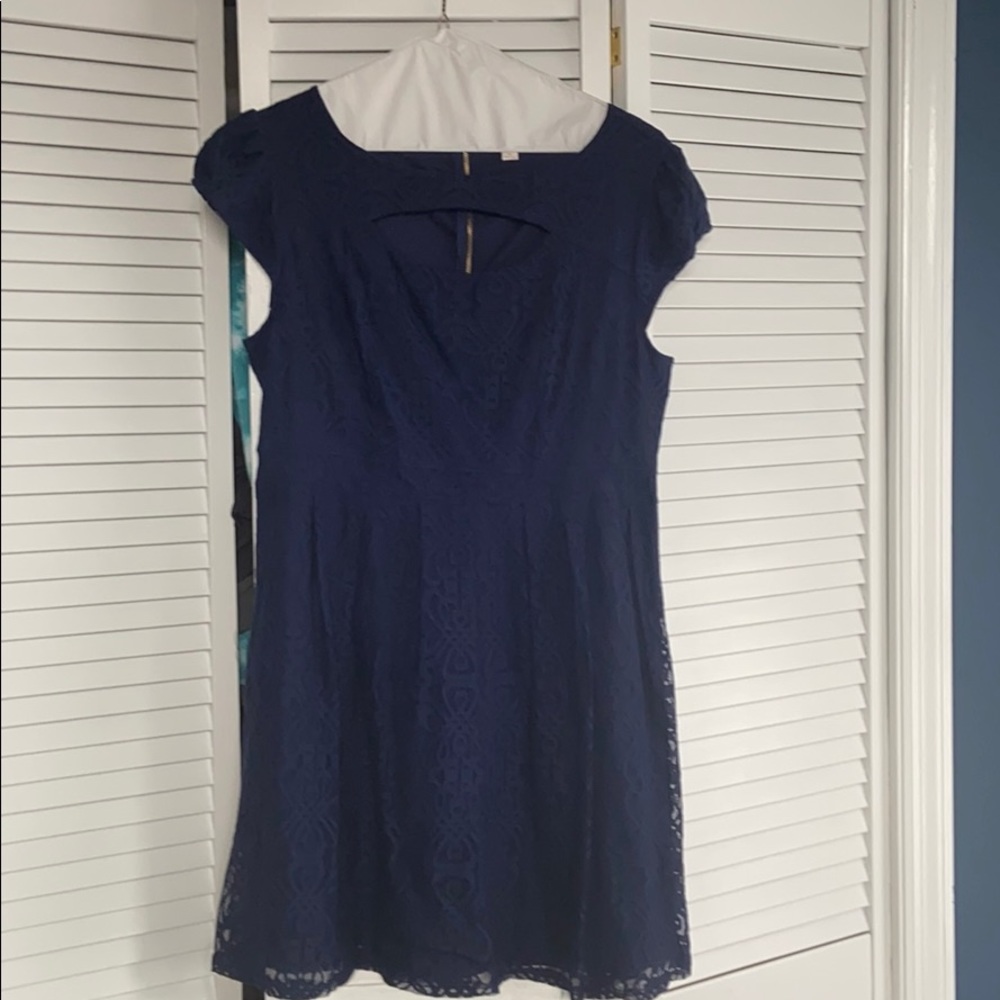 Navy Blue Lace Overlay Skater Dress